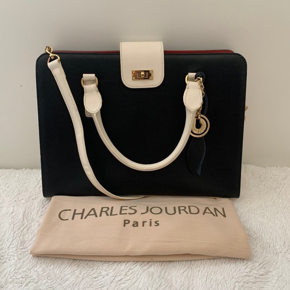 Charles Jourdan Navy / Red / Cream Colorblock Boxy Tote Handbag with Charms